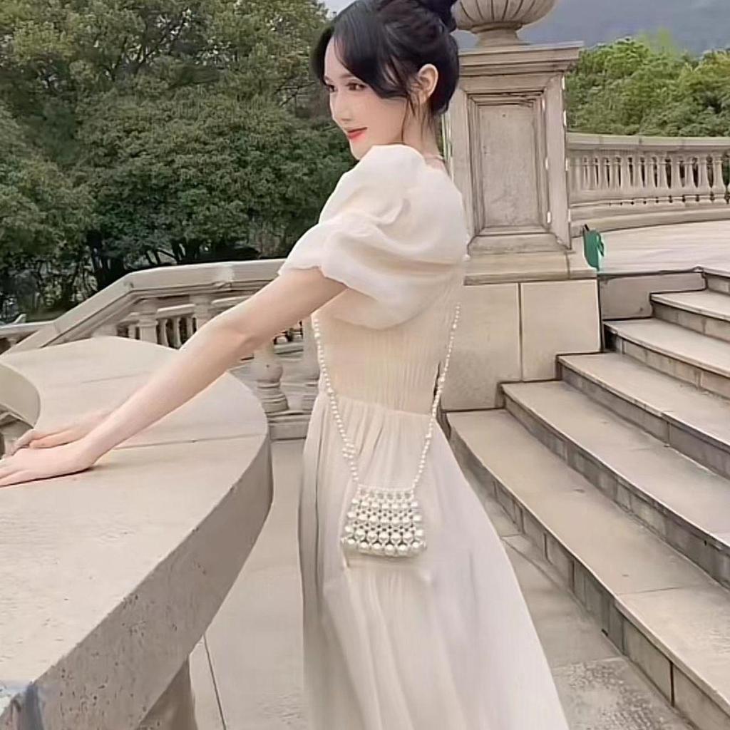 Gentle Style Summer Dress: French Square Neck, Puff Sleeve, Slim Fit, Campanula Style.