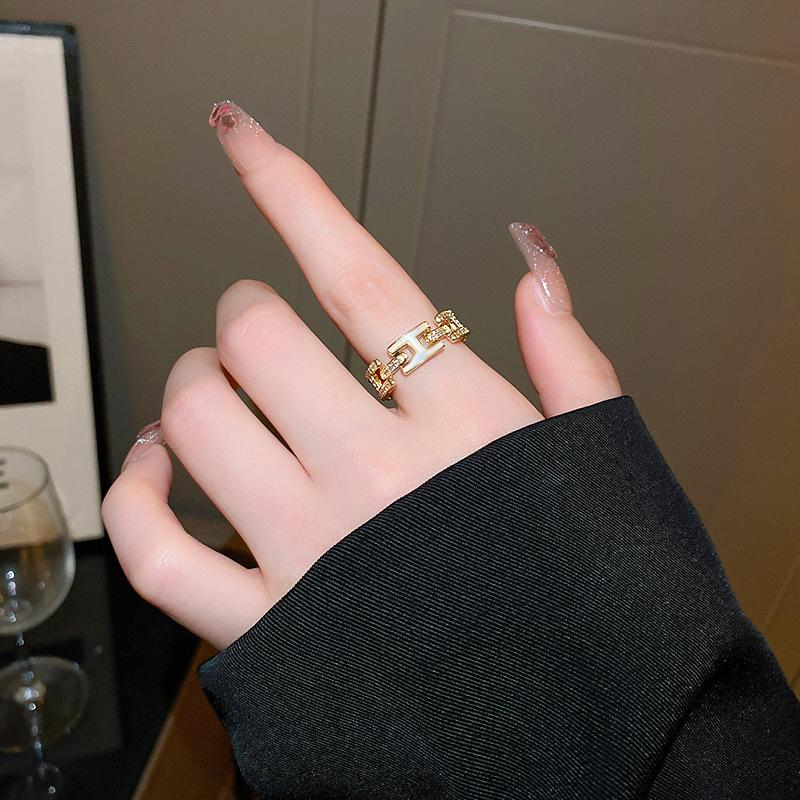Gold Index Finger Zircon Combination Stacked Open Ring White Enamel Fashion Personality Light Luxury High-End Women
