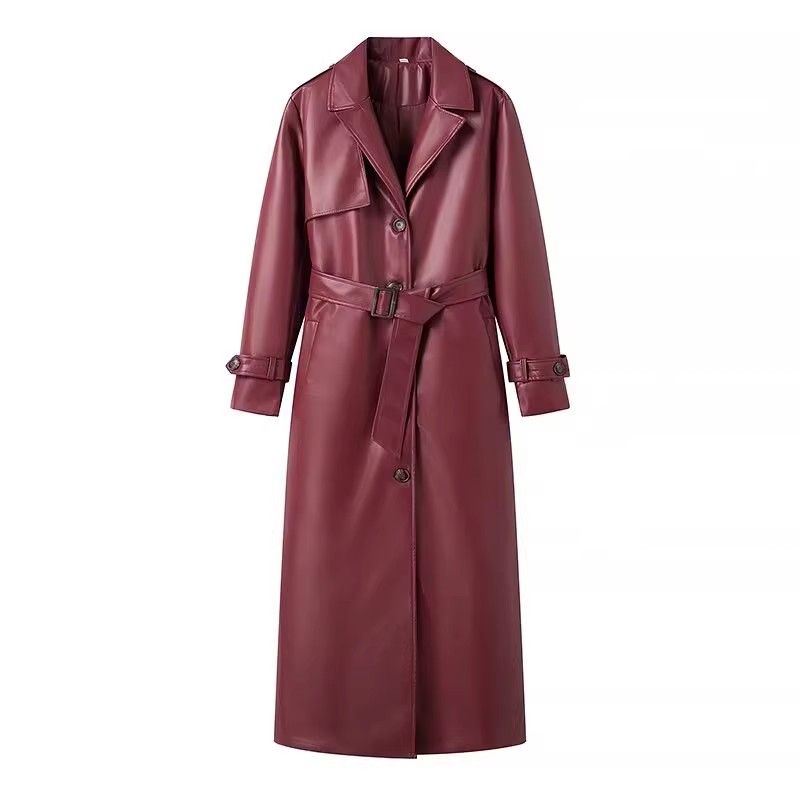 Fall and Winter New Women's Clothing Fashion Style Long Sleeves Lapel Loose with Belt Long Poly Urethane Leather Trench Coat Outwear