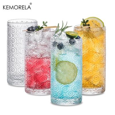 4PCS 400ML Round Glass Cups Vintage Glassware Embossed Pattern Style Transparent Cocktail Glasses Set For Bar Beverages Coffee