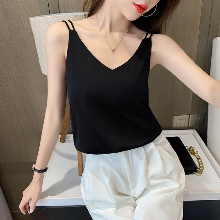 Spring Summer Women s V-Neck Satin Camisole: Black/White S