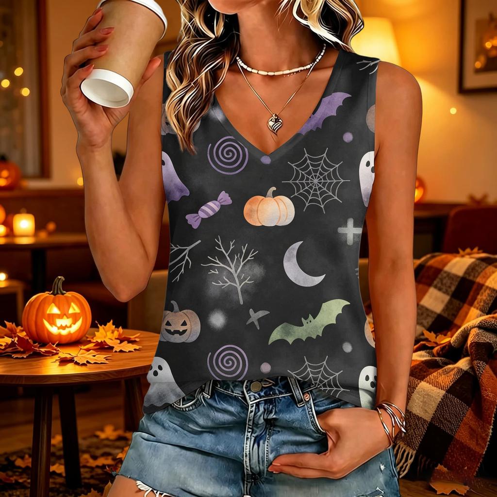 Women's V-Neck Casual Top with Halloween Print for Holiday Parties