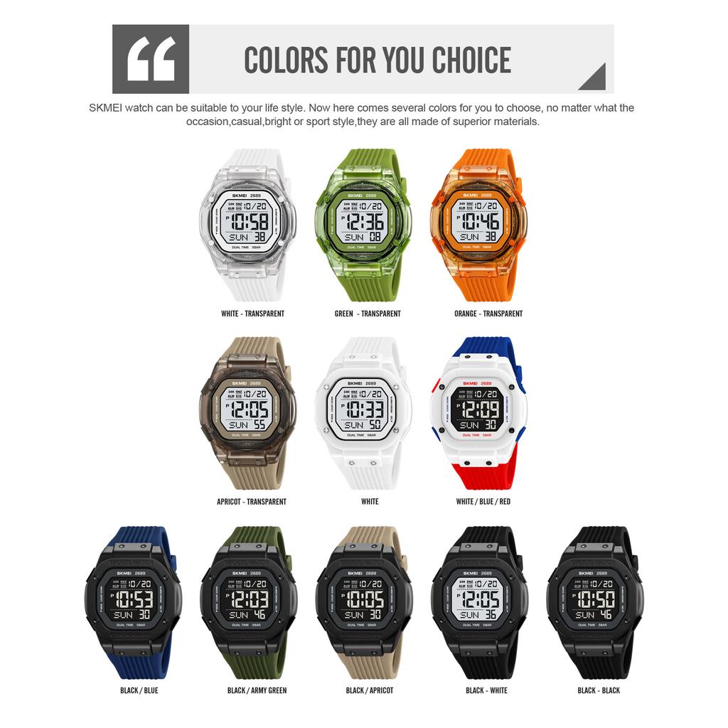 SKMEI 2689 Fashion Dynamic Student's Digital Watch Silicone Strap Waterproof Multifunction Sporty Student Electronic Watch Gift