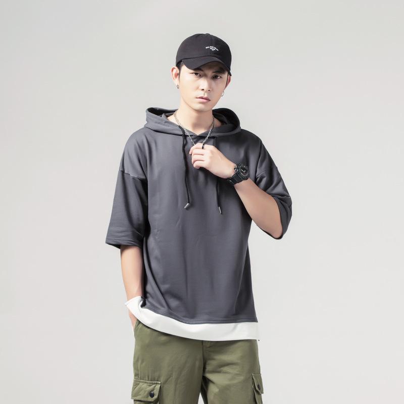 Summer Hooded T-Shirts Men Solid Short Sleeve Loose Streetwear Tees Male Vintage Casual Sports Tshirt Hooded Neck Tops Plus Size
