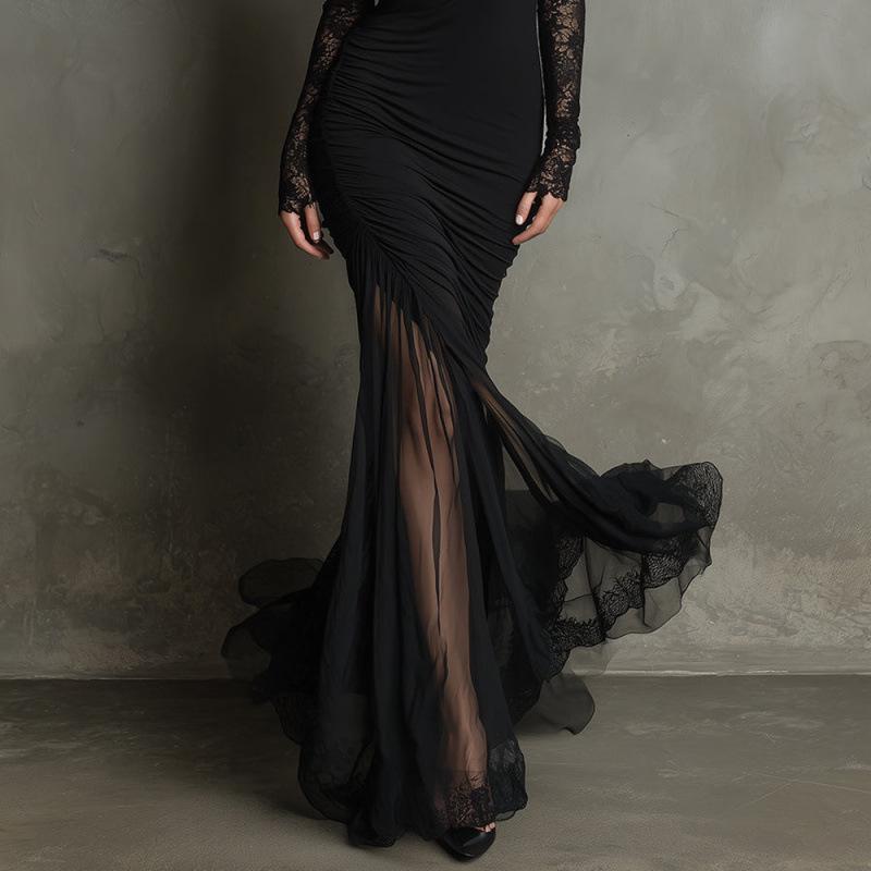 Elegant Retro Lace Patchwork Fishtail Mesh Dress for Women