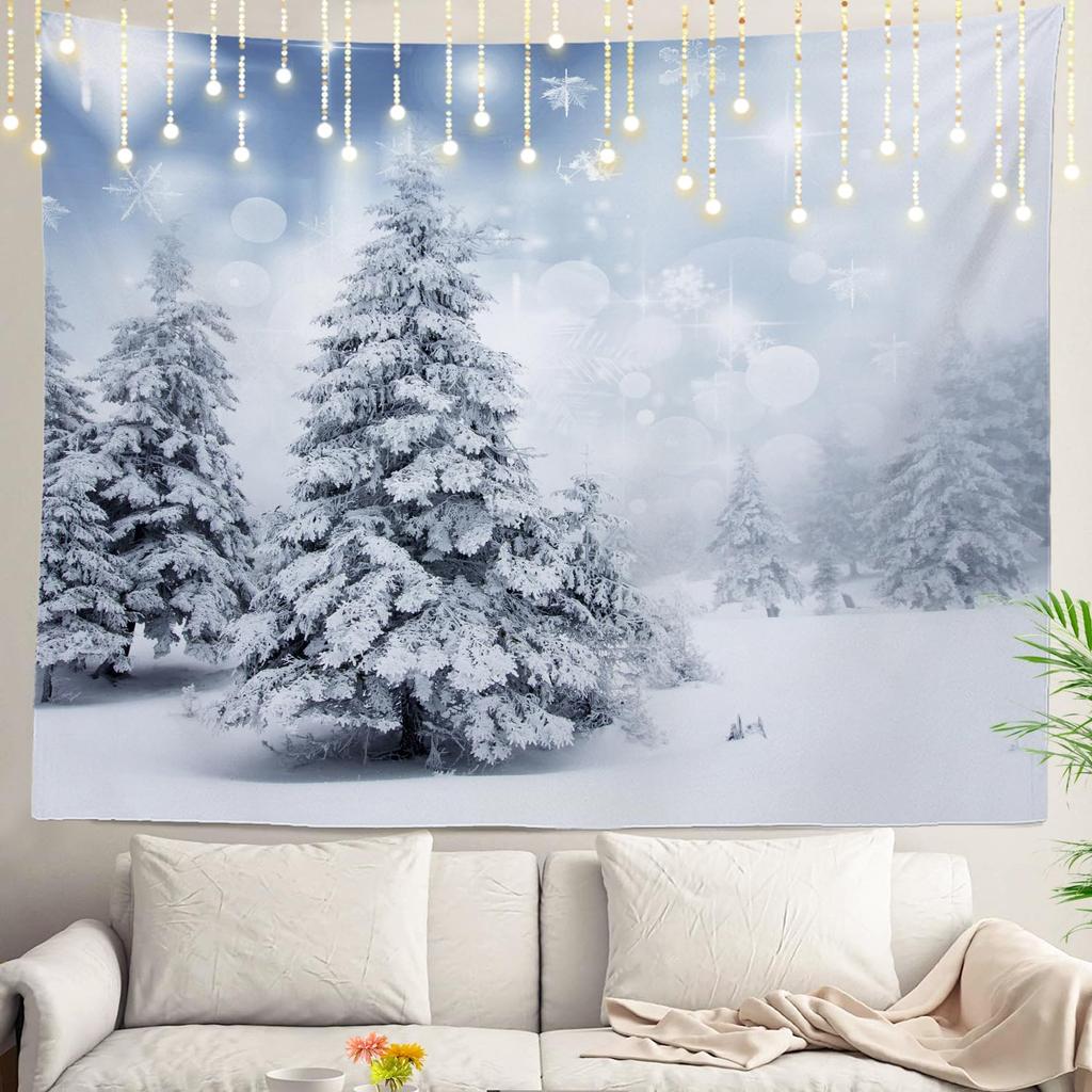 White Snow Wall Tapestry, Grey Wall Hanging Large Tapestry Decoration Polyester Fiber White Hem Around for Dorm Room Bedroom