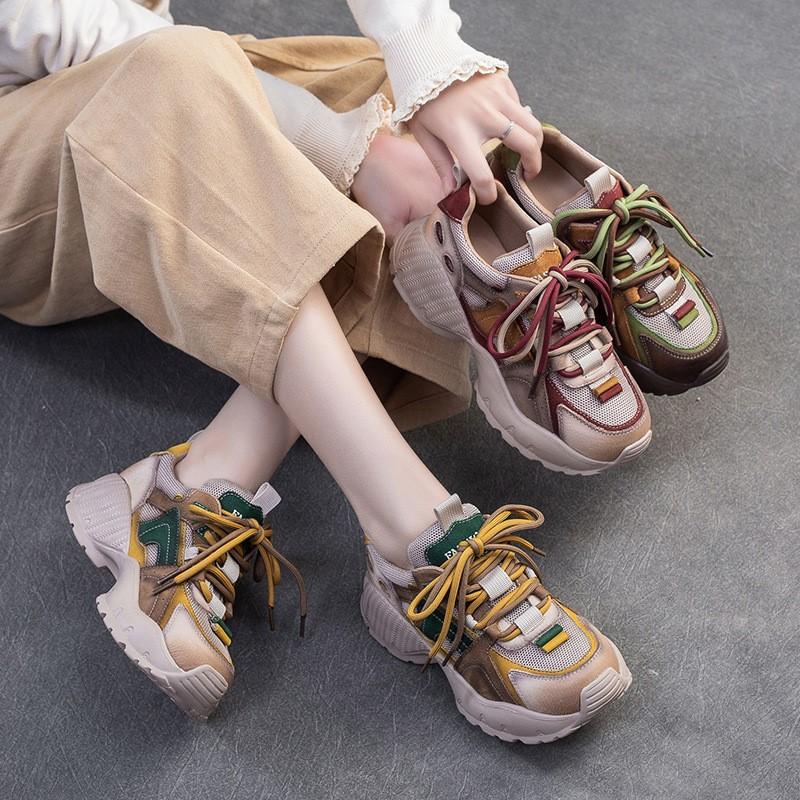 Johnature Casual Genuine Leather Splicing Mesh Mixed Colors Lace Up Fashionable Comfortable Versatile Women's Shoes