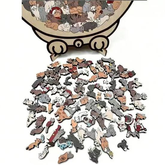 135-teiliges Katzenförmiges Holzpuzzle Mailard/Macaron/Holz/Morandi-farbiges Tierformpuzzle für Erwachsene Katzenliebhaber