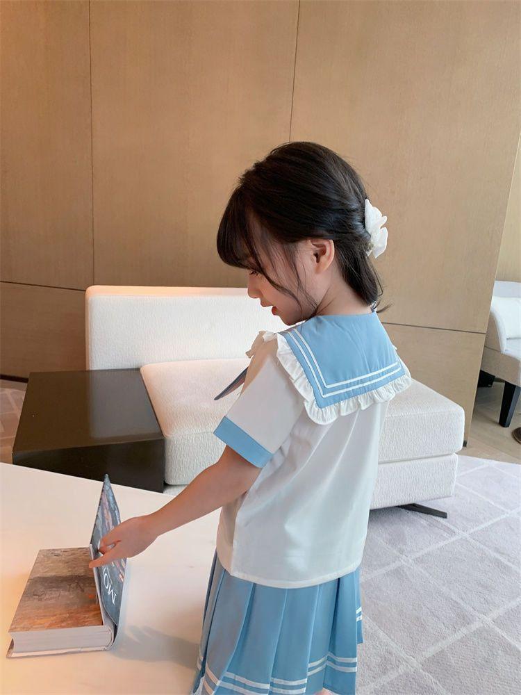 Summer Children Girls Student Set JK Mandarin Collar Tshirts and Pleated Skirts Kid Bottom