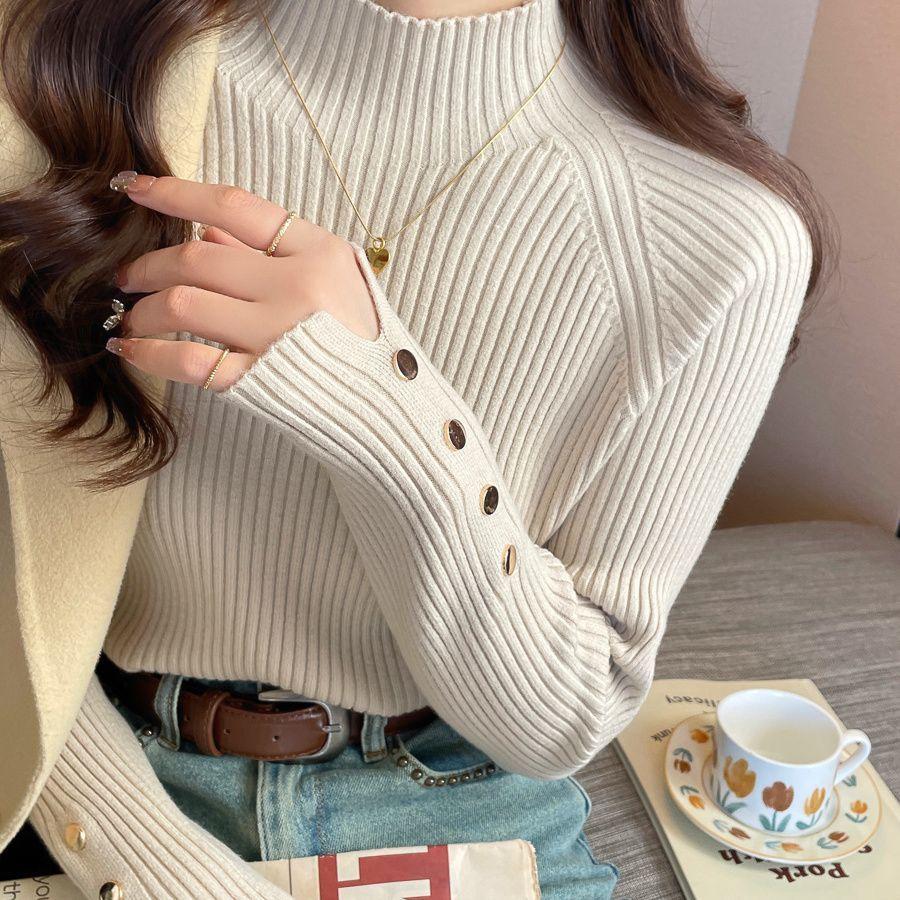 

Autumn Winter Sweater Women Pullovers Long Sleeve Tops Clothes Slim Knit Soft Jumper Streetwear Button Turtleneck Sweater L