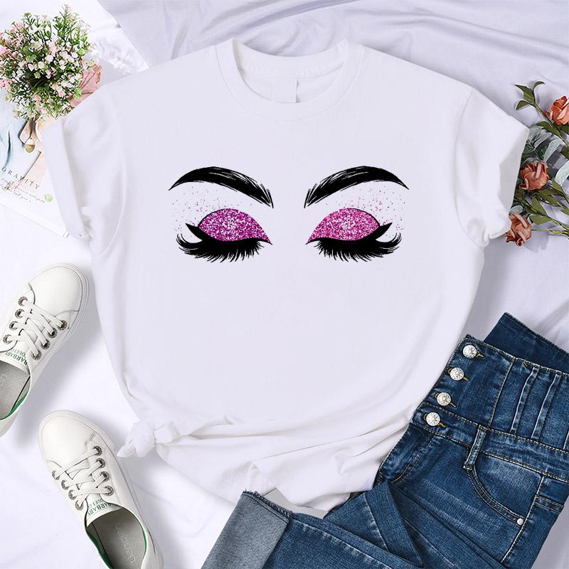

Eye Lashes Print Women T-Shirt Funny Matching Clothes Summer Clothes Casual Watercolor Tshirt White Basic 2025 New Arrival S