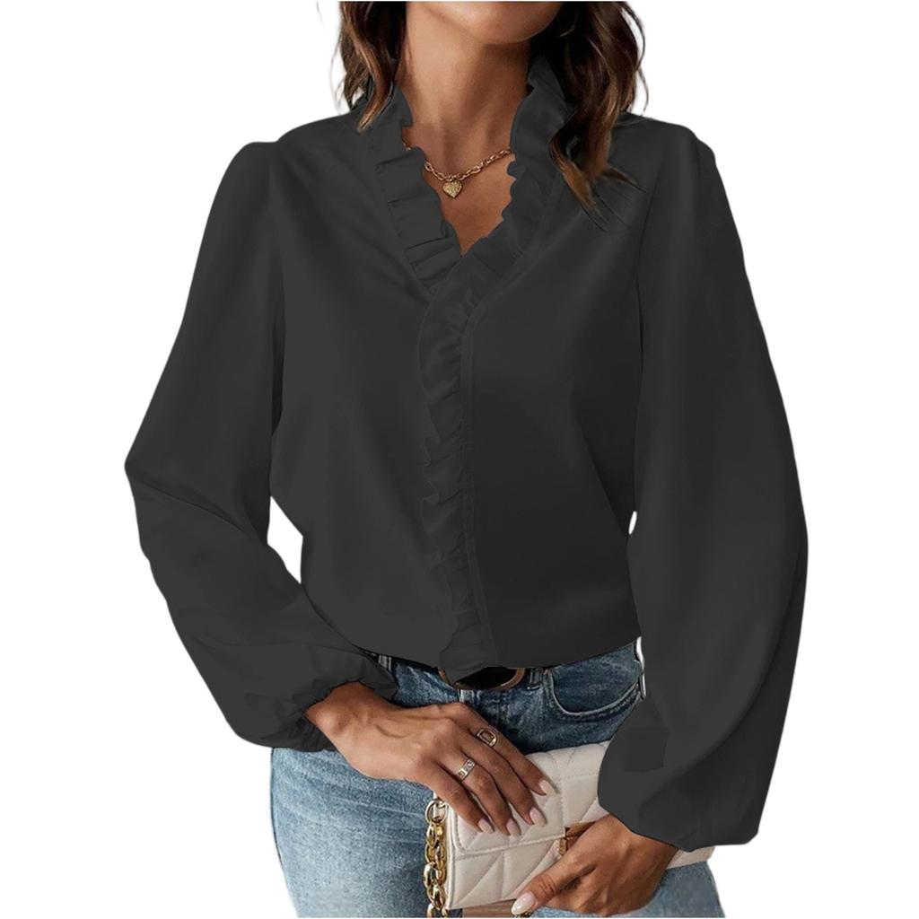 Women's Ruffle Edge Color V-Neck Fashionable Casual Long Sleeved T-Shirt Shirt Top