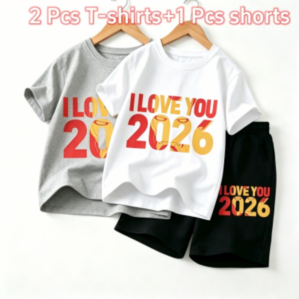 Fashion Letters I Love You 2026 Print Outdoor Street Kids T-shirt and Shorts Summer Home Casual Outfit Boy and Girl's Sports Set