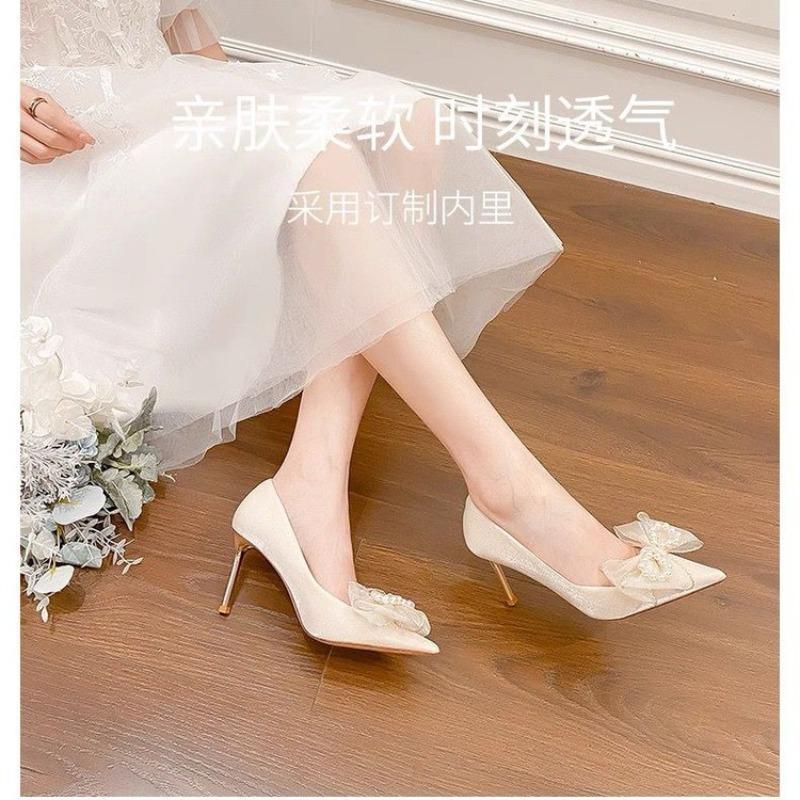 French Satin Single Shoes Women 2026 New Apricot Bridal Wedding Shoes High Heels 34