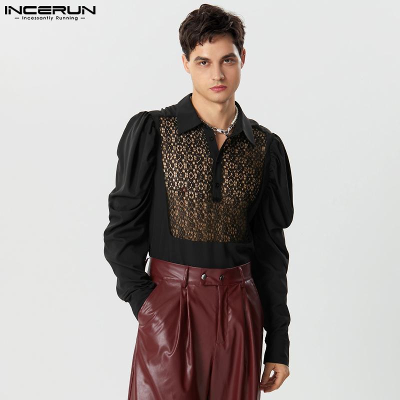 

INCERUN Мужские сетчатые рубашки с длинными рукавами и лацканами с оборками и кружевом в стиле пэчворк