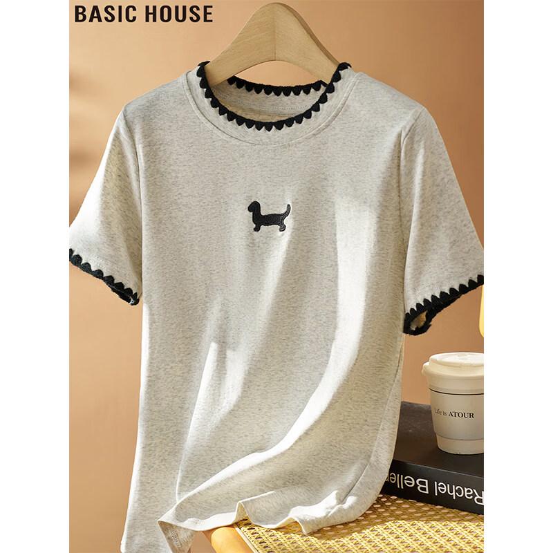 Basic House Women s Loose Fit Contrast Embroidered Round Neck Short Sleeve T-Shirt L