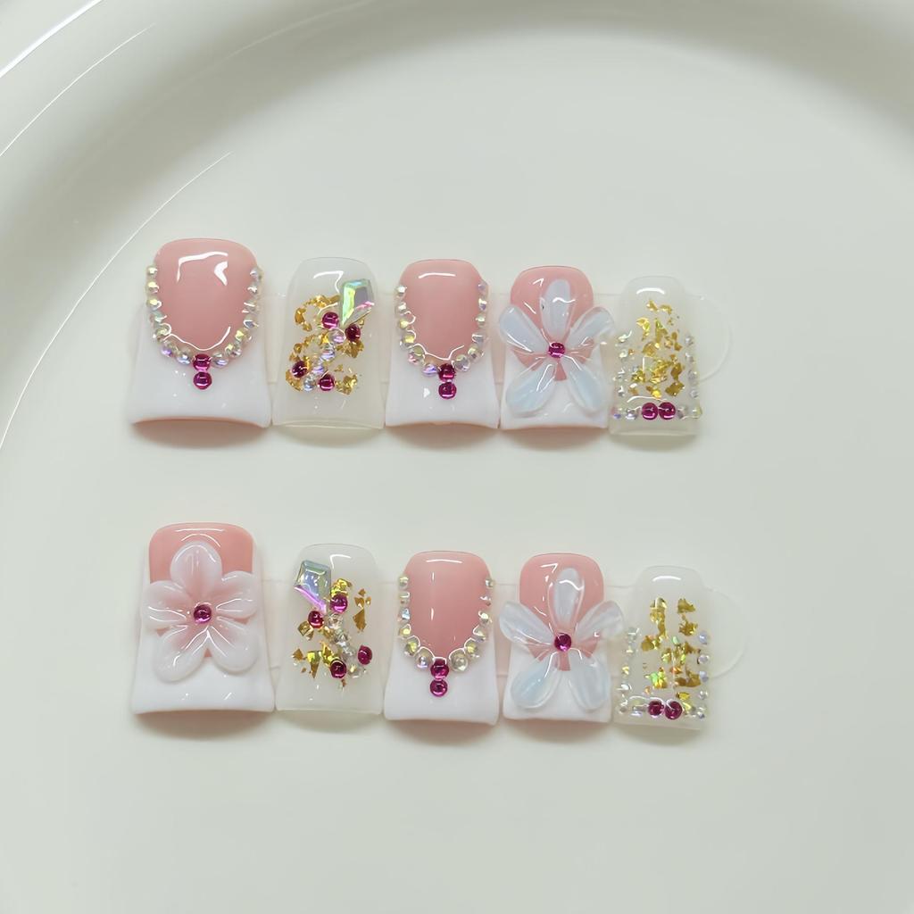 Handmade Creamy Rhinestone Press-On Nails - High-End Sparkle Clear Translucent Tips