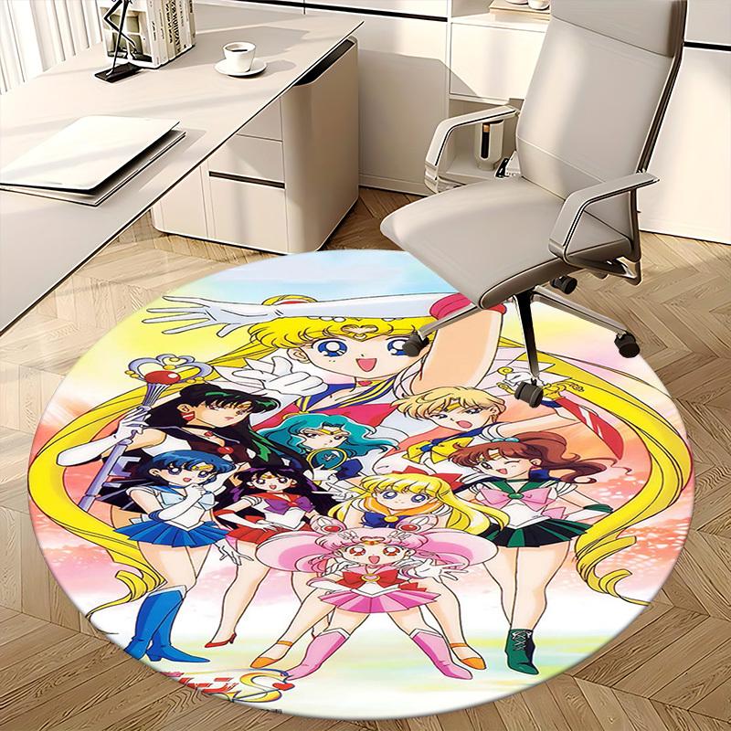 1pc Sailor Moon Anime Cartoon Design Round Carpet Office Chair Mat, NonSlip Rug for Home Decor, Living Room, Bedroom, Game Room