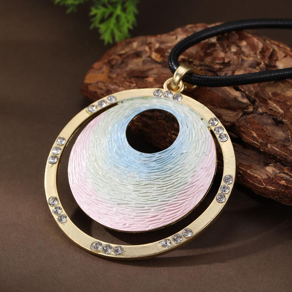 New Gradual Change Enamel Round Cake Leather Rope Long Pendant Women's Simple Fashion High Sense Ring Long Necklace