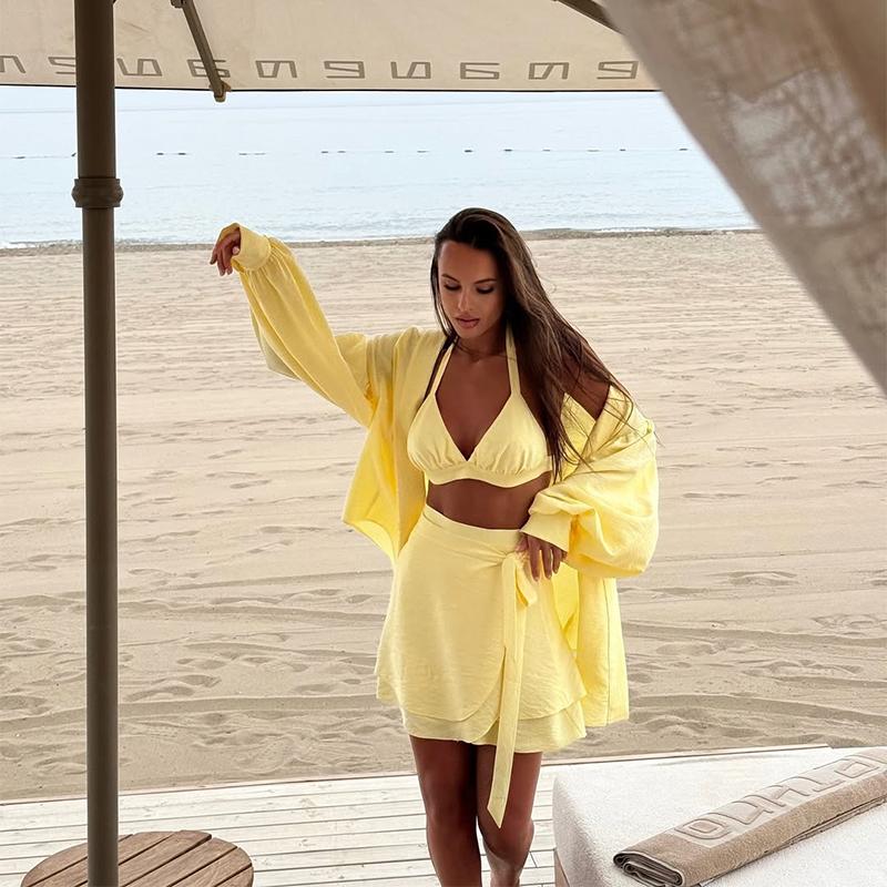 Ladies' Lantern Sleeve Loose Shirt Half Skirt Set Yellow Casual Set Spring Summer New Outfit Ladies' Plus Size Set Daily Commuting Style