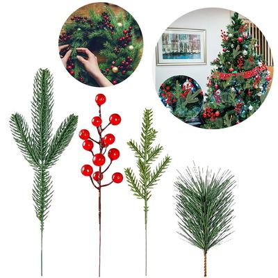 60PCS Plastic Artificial Pine Branches Green&red Simulation Pine Cuttings Festival Supplies