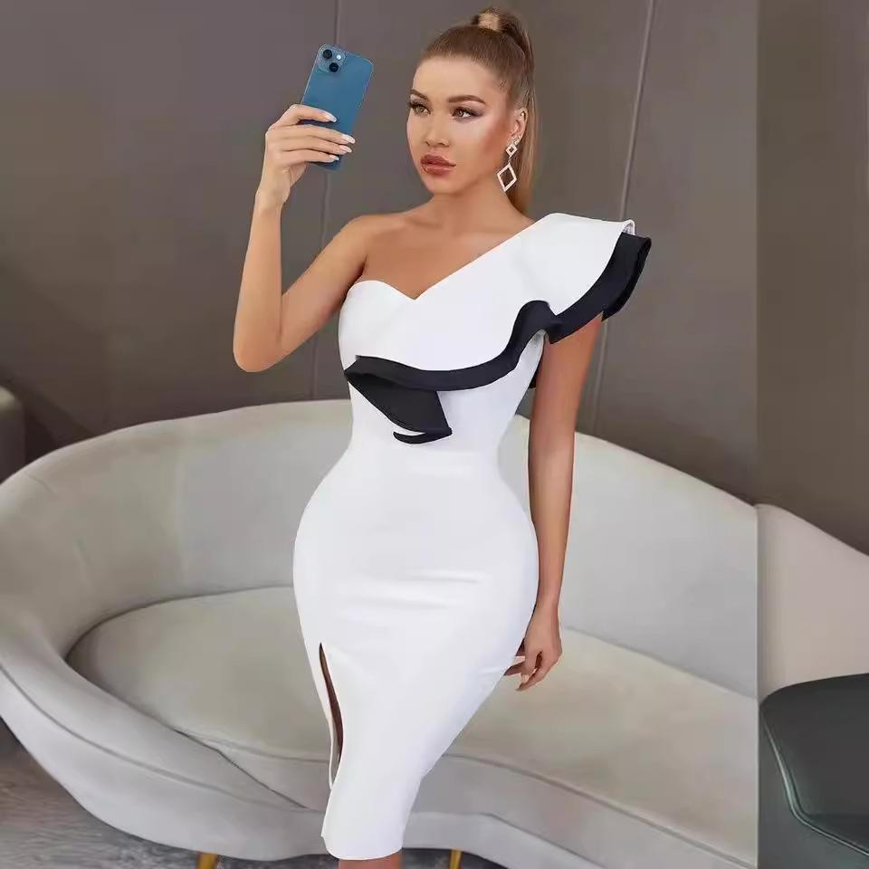 Color-Block One-Shoulder Ruffle Bandage Dress with Slit