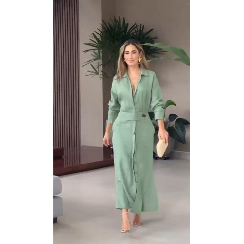 Modna sukienka dla kobiet luksusowa elegancka sukienka w jednolitym kolorze jesienna impreza kieszenie długie rękawy nieregularne sukienki koszulowe