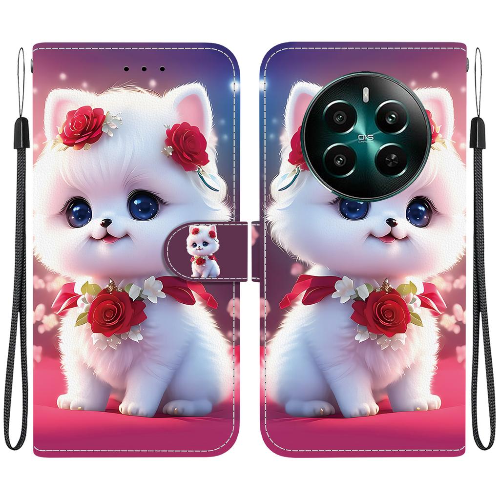 Handmade PU Leather Flip Case for Realme 12+ /Realme 12 Plus Anti-Slip Shockproof Cover with Wrist Strap & Heart/Rose Cat Designs