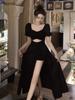 French Hollow Out Short Sleeve Black Maxi Dress Women Vintage Warm Square Collar A Line Dresses Female Summer Chic Vented Party Clothes Lady
