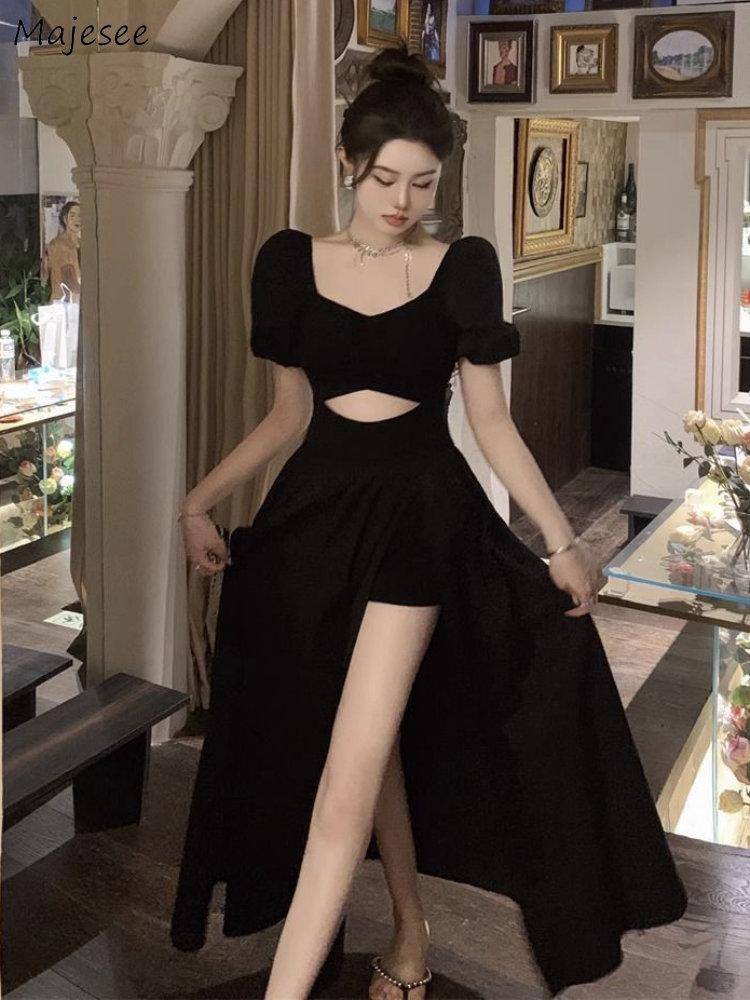French Hollow Out Short Sleeve Black Maxi Dress Women Vintage Warm Square Collar A Line Dresses Female Summer Chic Vented Party Clothes Lady