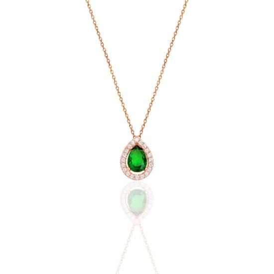 

Серебряное колье с изумрудом и камнем в форме капли из корня розы