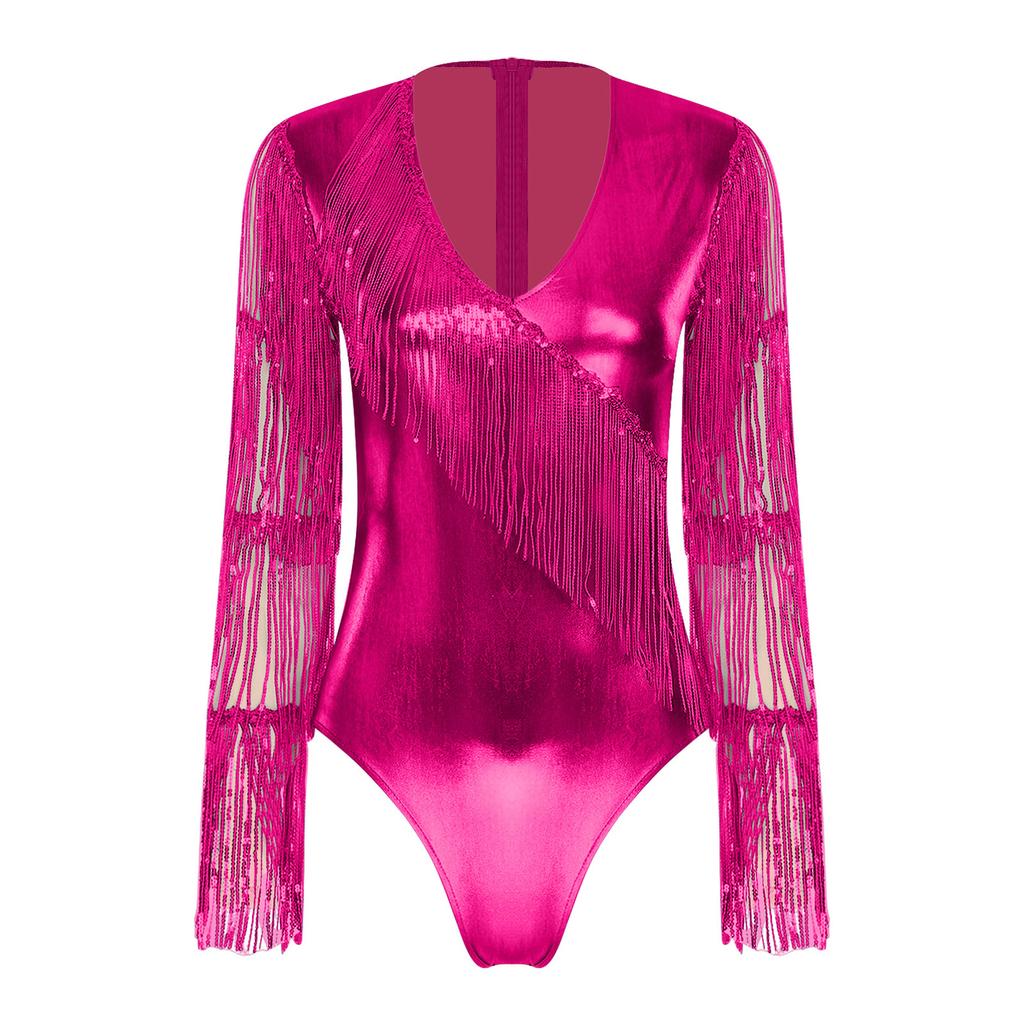 Womens Metallic Shiny Club Bodysuit Tiered Sequin Tassel Mesh Long Sleeve Dance Jumpsuit