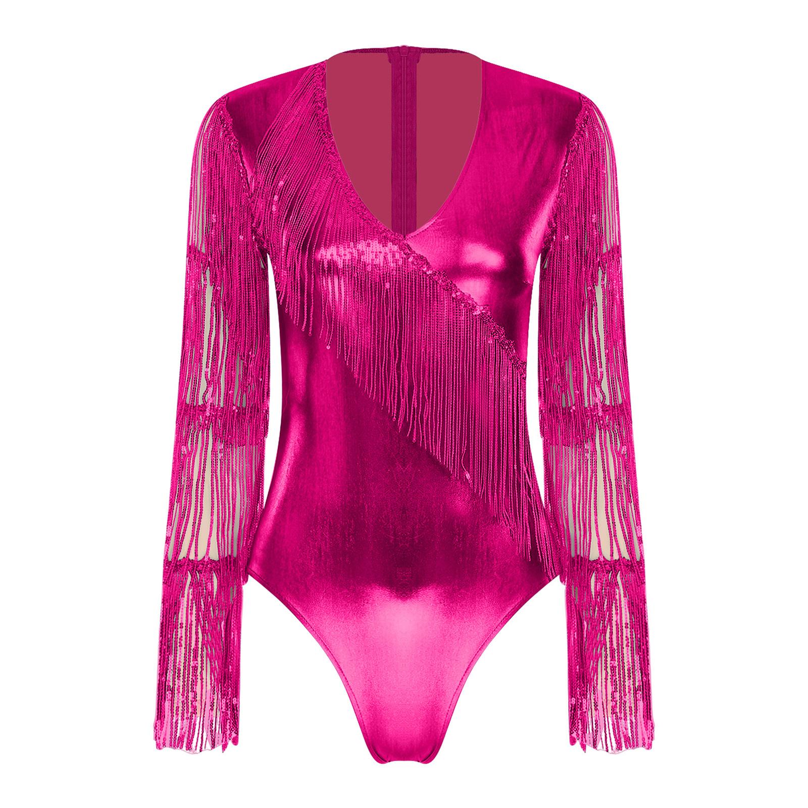 Damen Glänzender Metallischer Club Body Stufig Pailletten Quasten Netz Langarm Tanz Jumpsuit XL heißes rosa