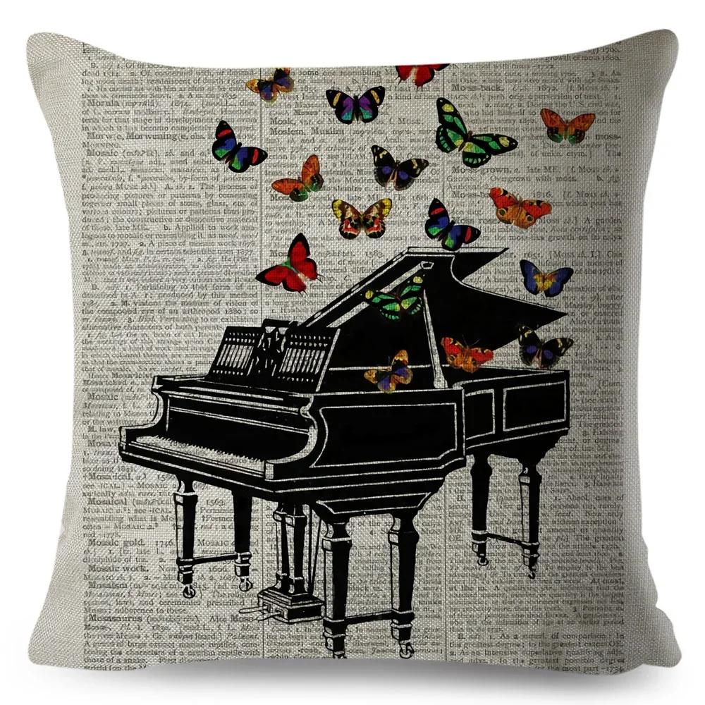 Nordic Style Music Note Pillowcase Decor Vintage Guitar Mike Printed Pillow Case for Home Sofa Polyester Cushion Cover 45x45cm