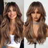 Fashionable Long Curly Brown Wig with Bangs - European & American Style