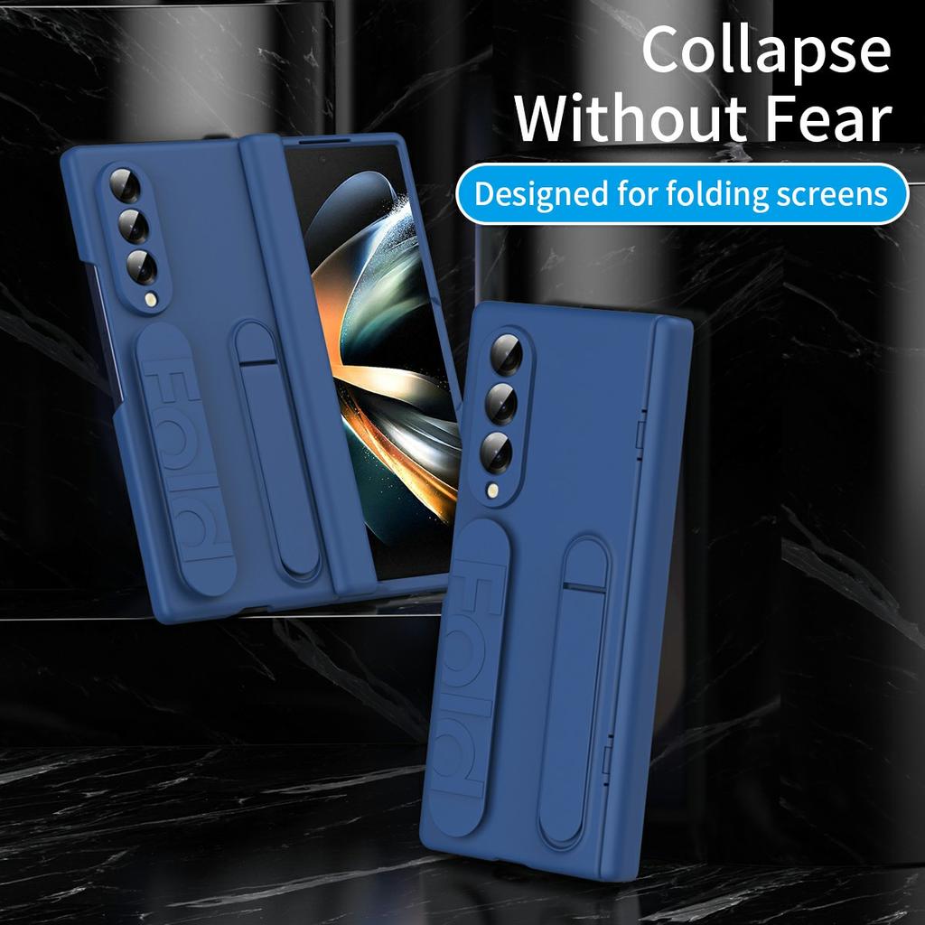 For Samsung Galaxy Z Fold3 5G Case with Tempered Glass Film Silicone Wristband Kickstand PC Phone Cover