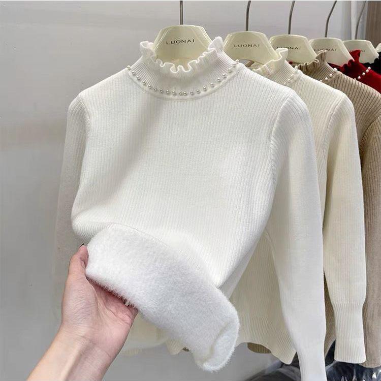 Pulover Tricotat cu Guler de Catifea cu Mărgele pentru Femei Toamnă/Iarnă