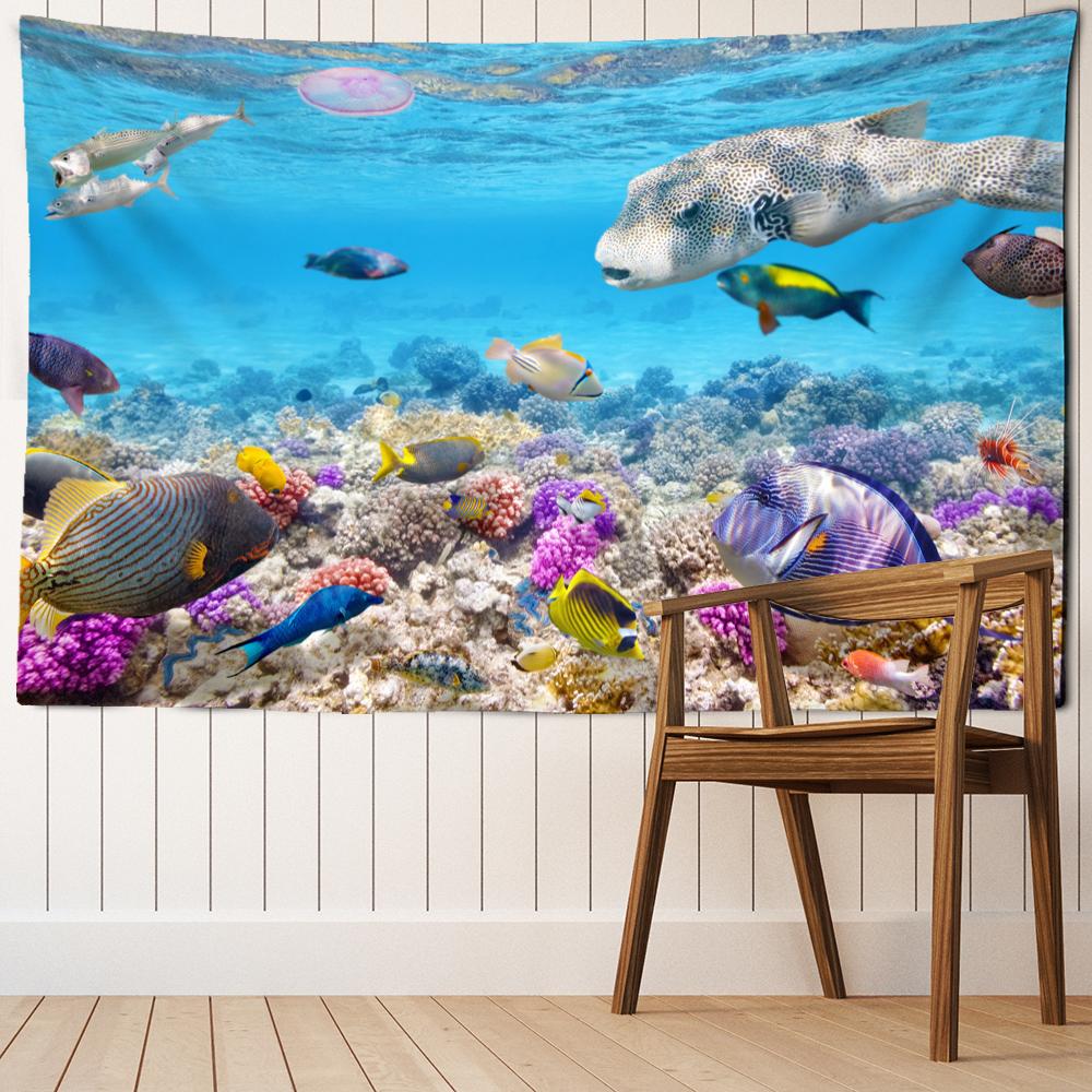 

Гобелен с глубоководными рыбами и кораллами, настенный гобелен с морскими животными в стиле бохо, спальня, гостиная, домашний декор 95x70cm