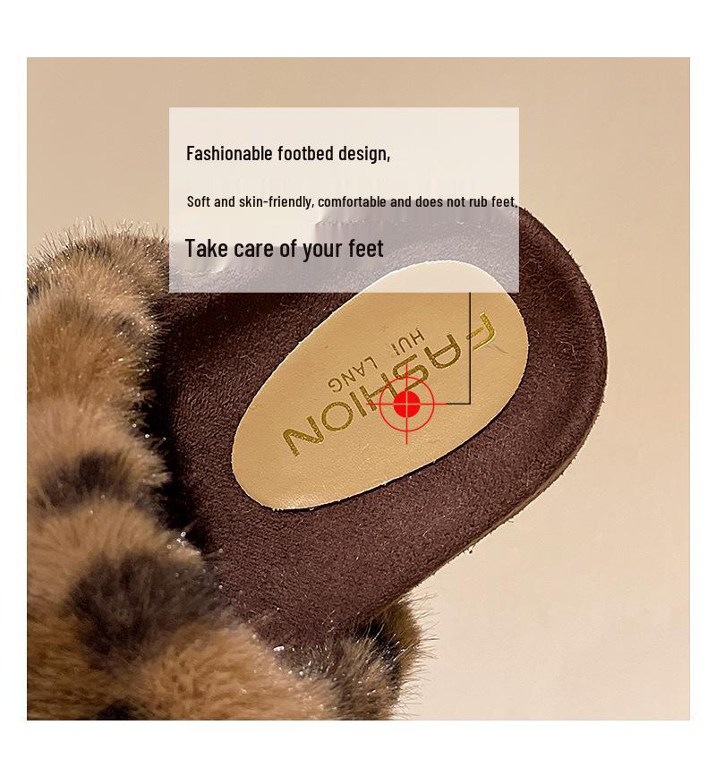 Damen Retro Leopard Print Fuzzy Hausschuhe, Herbst/Winter 2025, Plüsch Einriemen Baumwolle für Outdoor-Bekleidung