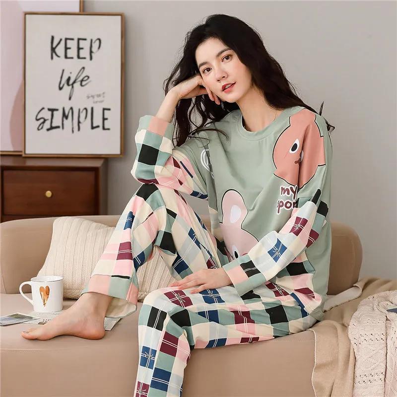 Milk Silk Pajamas for Women In Spring and Autumn V-neck Cute Ins Loose Long Sleeved Set Pajamas for Home Wear Plus Fat and Extra Size
