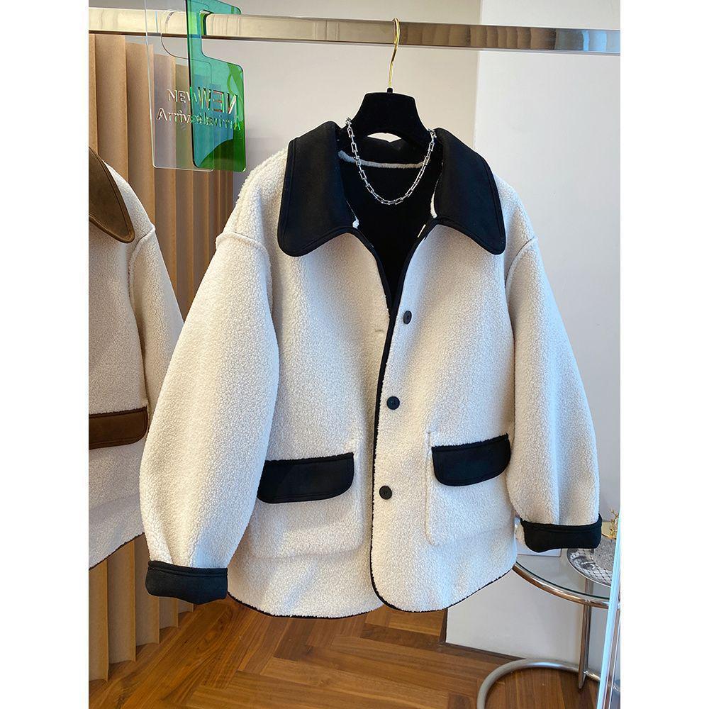Plus Size Korean Style Reversible Lambswool Coat for Women, High-End Niche, Loose Fit, Lapel, Autumn/Winter