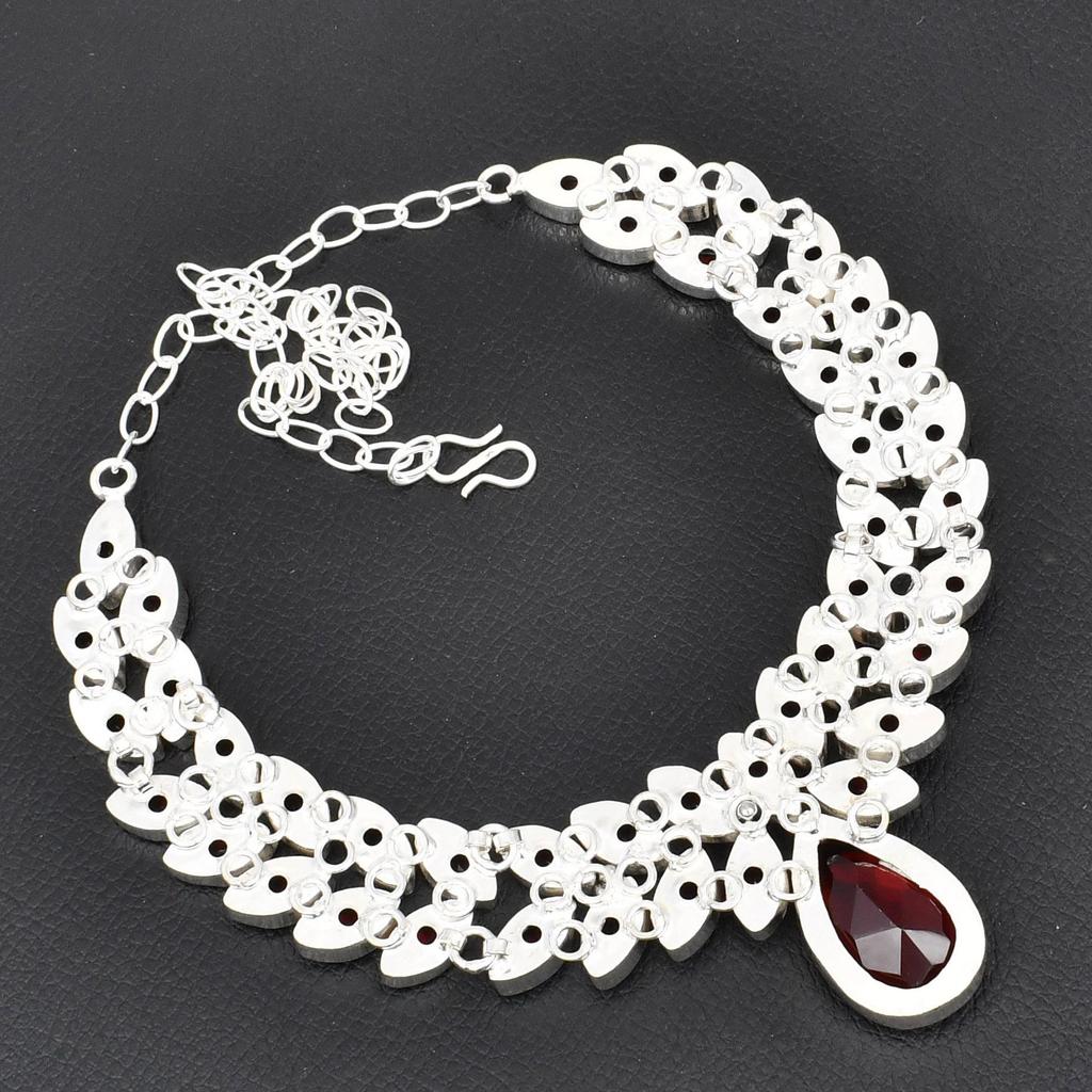 Garnet Gemstone 925 Sterling Silver Overlay Leaf Design Statement Necklace for Women Red Gemstone Pendant Jewelry