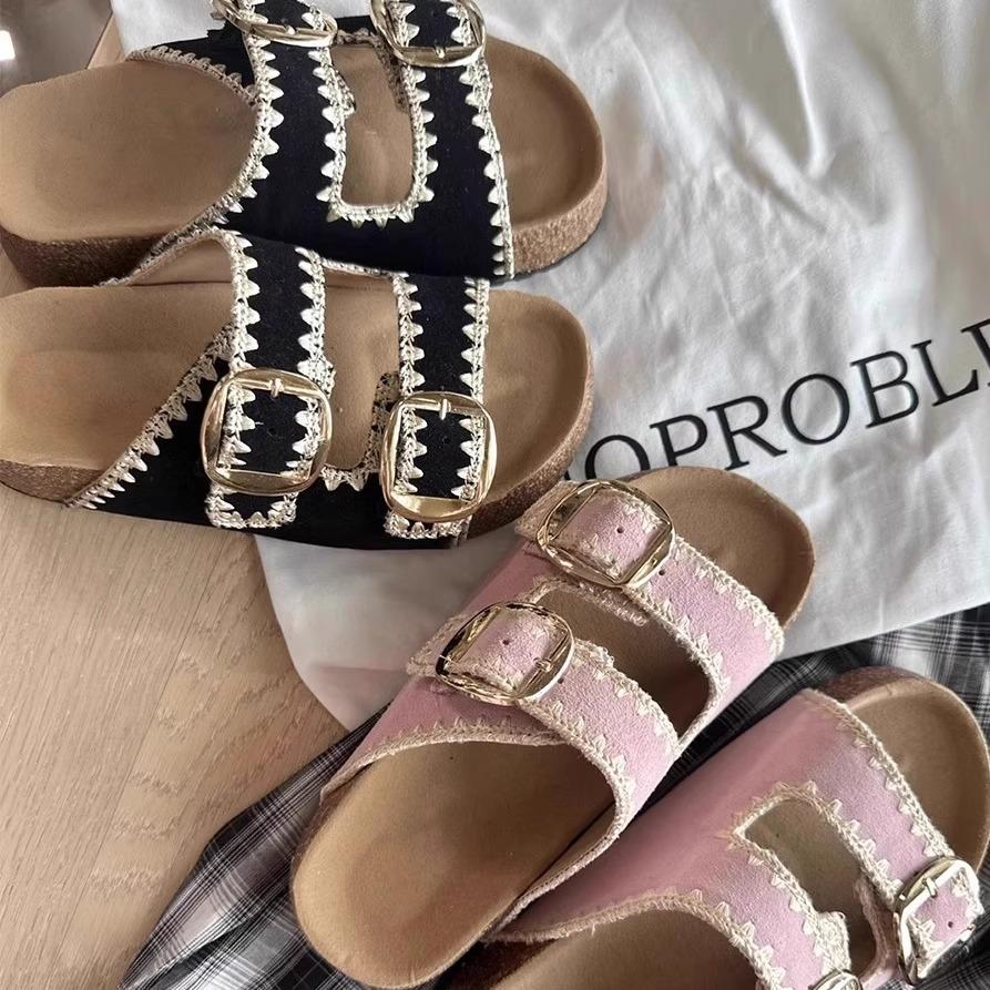 New Color~ Boken Shoes Cork 2025 Summer New Woven Drag Thick Sole Heightening Boken Sandals Soft Sole Slippers Women