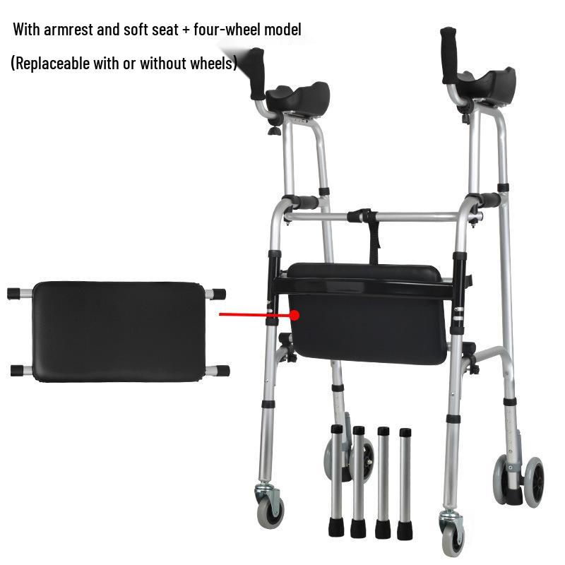 Aluminum Alloy Rollator Walker with Wheels, Seat, and Arm Support – Four-Legged Mobility Aid.