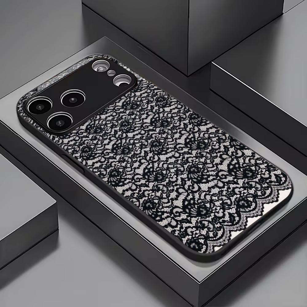 Moderne Schwarze Spitze Floral Handyhülle Handys für iPhone 17 Pro Max Hülle Glas für iPhone 17 16 15 14 13 12 11pm Pro Plus