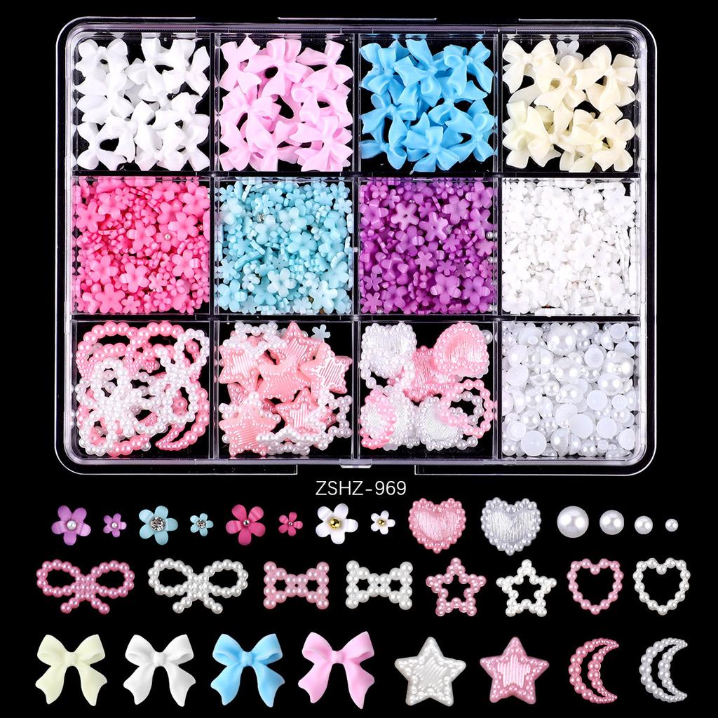 12 Grid Rose Nail Art Alloy Jewelry Resin Bow Camellia Three-Dimensional Flower Mixed Box