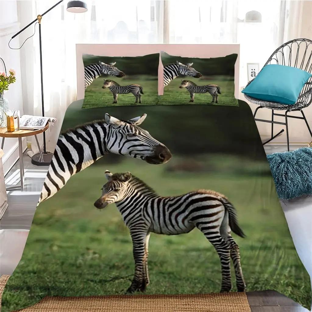Zebra Duvet Cover Set King Queen Size Polyester Comforter Cover Black And White Stripe Wild Animals For Kids Teens Bedding Set