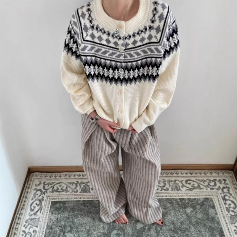 Fair Isle Crew Neck Cardigan Sweater Unisex Knit Jacquard Coat Autumn Winter New Arrival Loose Raglan Long Sleeve Top
