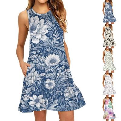 Women's Fashion Beach Dress Sleeveless Round Neck Floral Print Dress