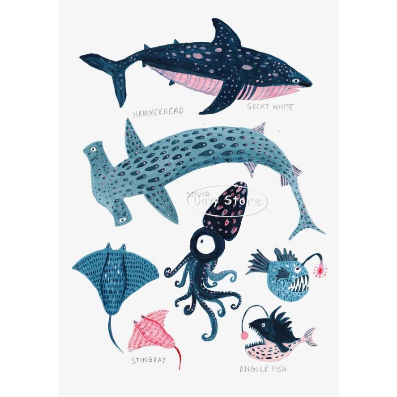 Sea Life Shells Tropical Fish Whale Posters and Prints Canvas Painting Wall Art Picture for Living Room Home Nautical Decor